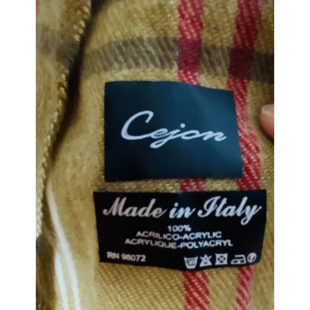Cejon Scarf Made in Italy 11''x 57'' Fringe Brown Plaid Black Cream Red Tartan